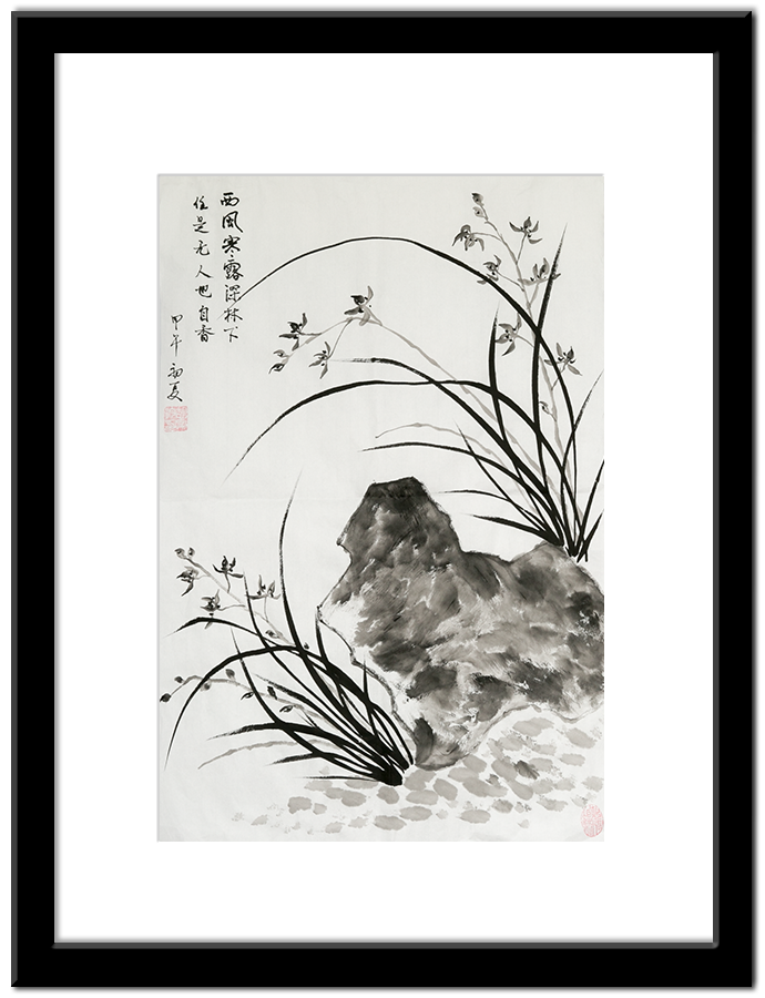 Chinese Brush Painting - Chinese Orchid Flowers on Rocks
