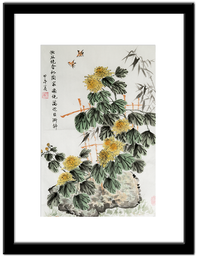 Chinese Brush Painting - Chrysanthemum Flowers with Birds